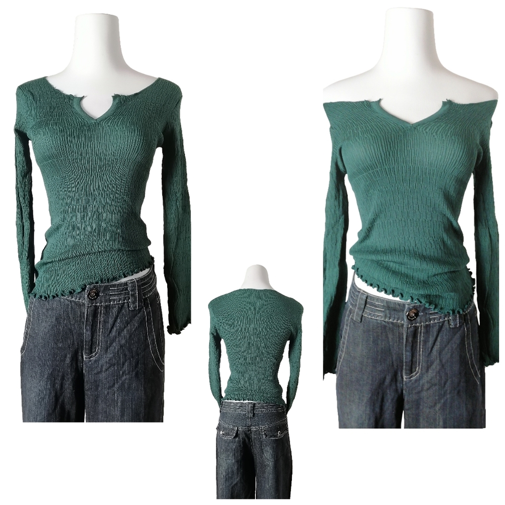 🦎 vintage y2k army green off-the- shoulder long-sleeve knit top